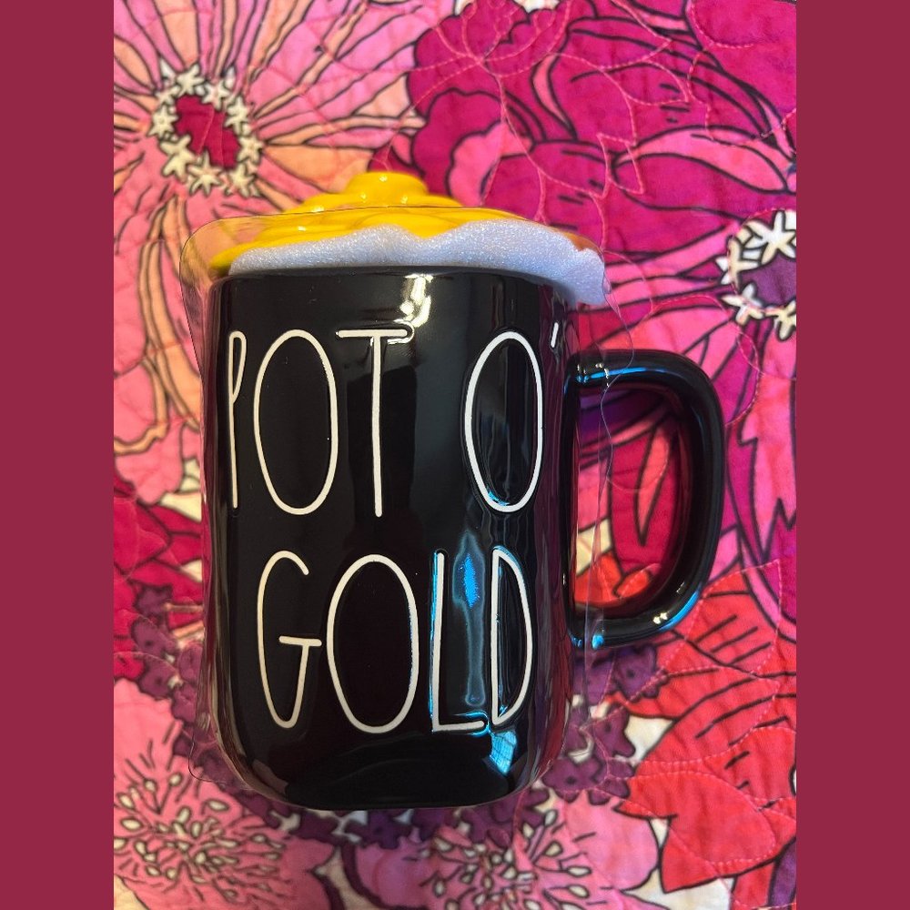 Rae Dunn Pot O Gold Coffee Mug with topper of coins, black and yellow NWT